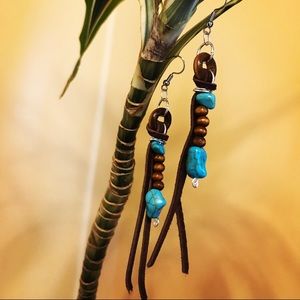 Handmade Turquoise, Wood & Leather Dangle Earrings